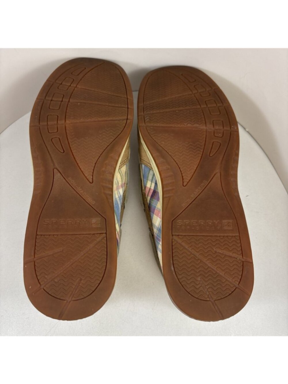 Sperry Top-sider Beige Leather Pastel Plaid Boat Shoes Size 7 - Picture 11 of 11